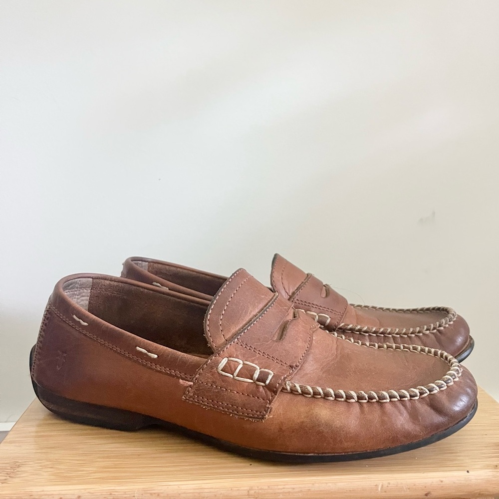 Frye Brown Rustic Distressed Leather Slip On Penny Loafers Shoes Mens Sz 9